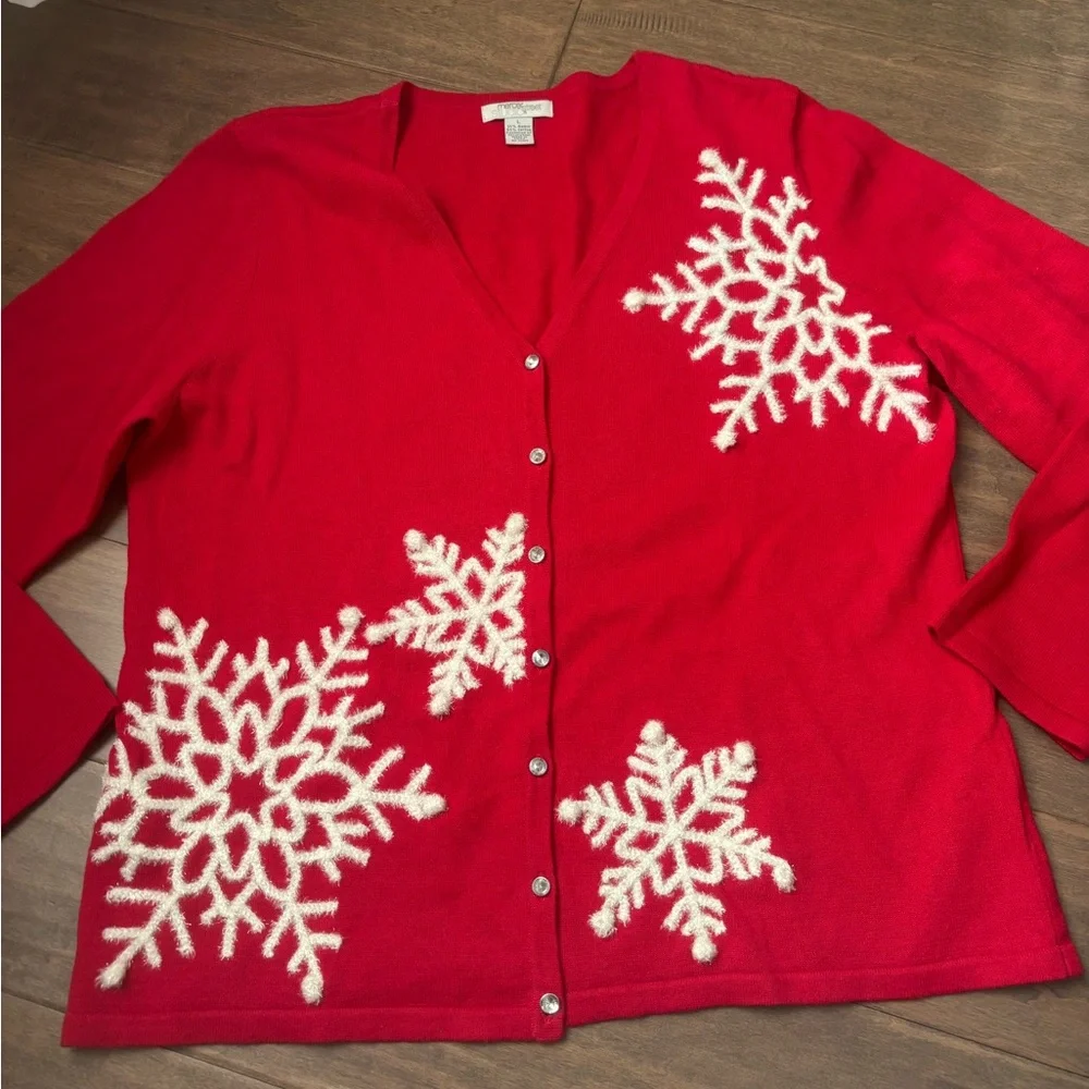 Mercer Street Studio Festive Red Cardigan with Cream Snowflakes Ugly Christmas